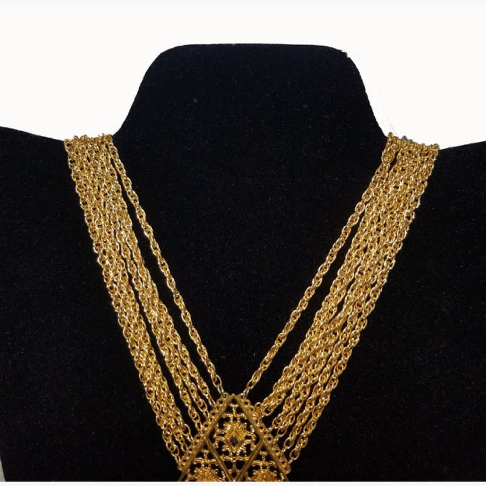 Vtg 70s Gold Chain Fringe Pendant Necklace - Picture 3 of 7
